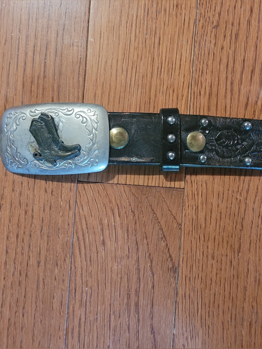 Men's Black Studded Leather Western Belt with Cowboy Boot Buckle (C02)